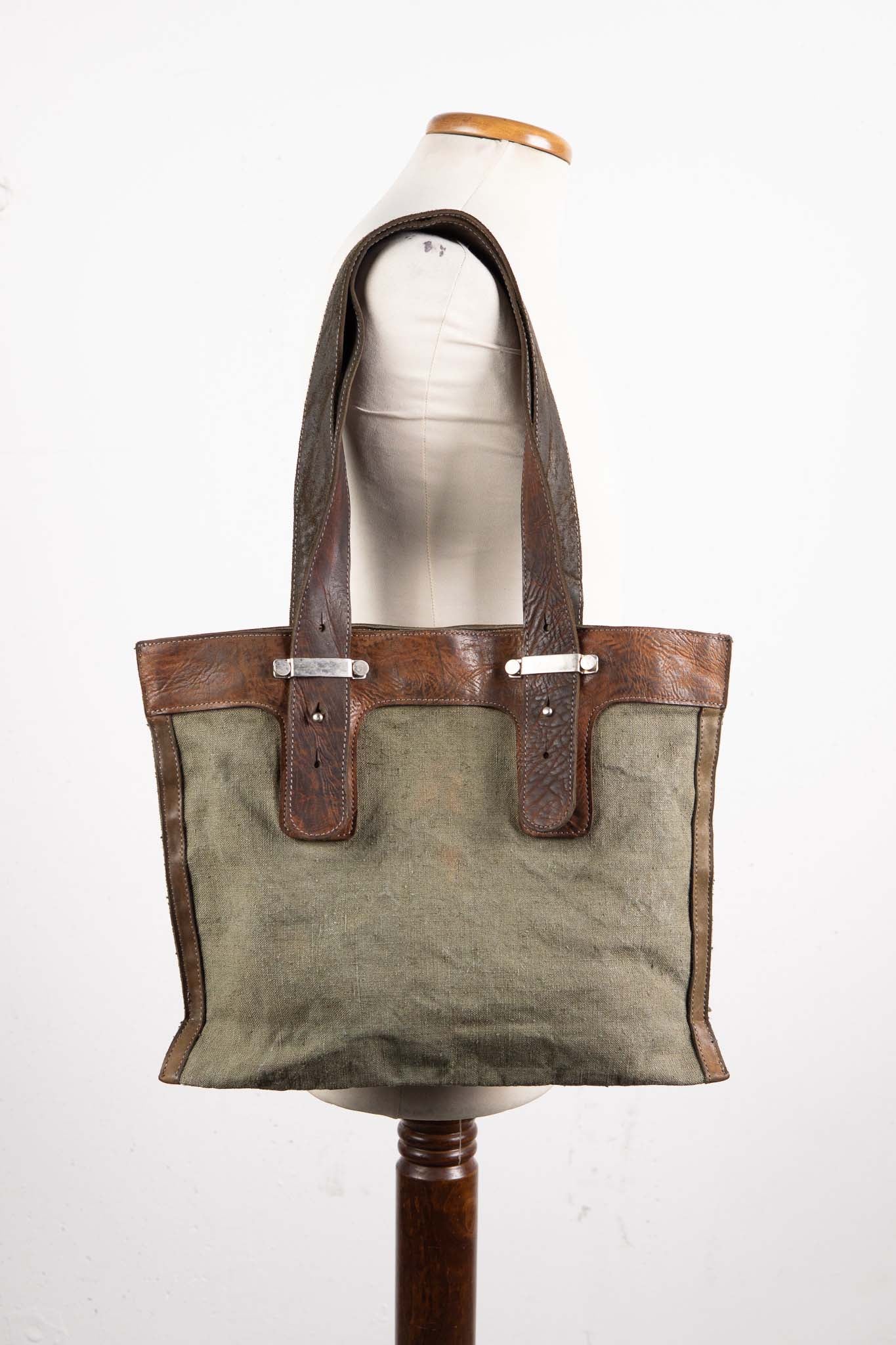 HORSE BUTT RG LEATHER + 1950's VINTAGE LINEN  BAG TOTE MM-6