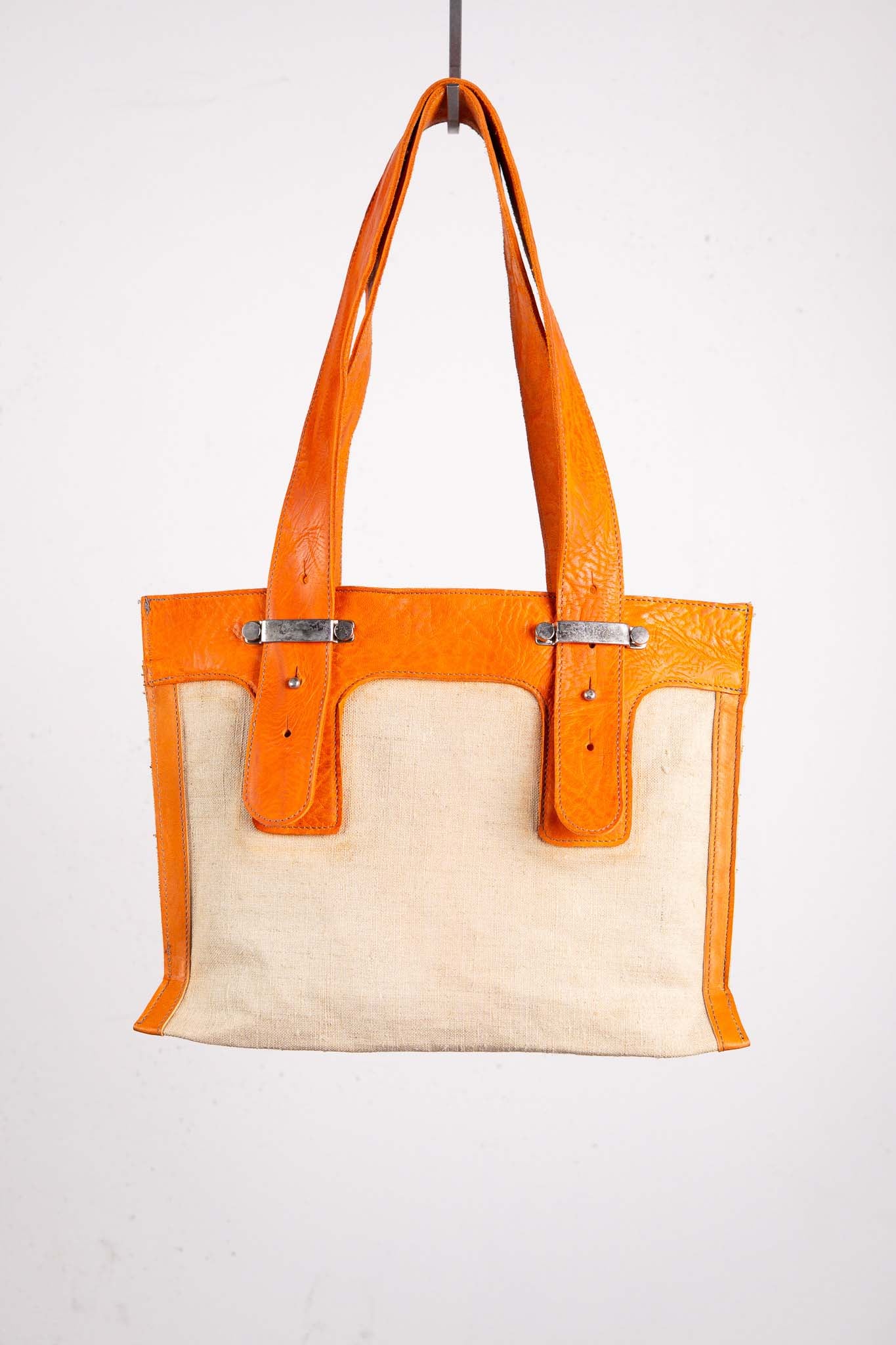 HORSE BUTT RG LEATHER + 1950's VINTAGE LINEN  BAG TOTE MM-6 SMALL ONLY WASHED