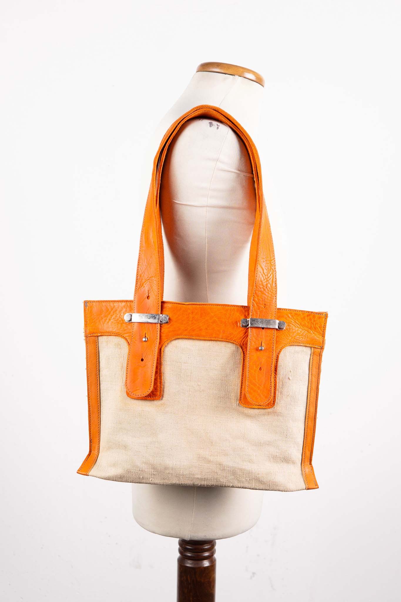 HORSE BUTT RG LEATHER + 1950's VINTAGE LINEN  BAG TOTE MM-6 SMALL ONLY WASHED
