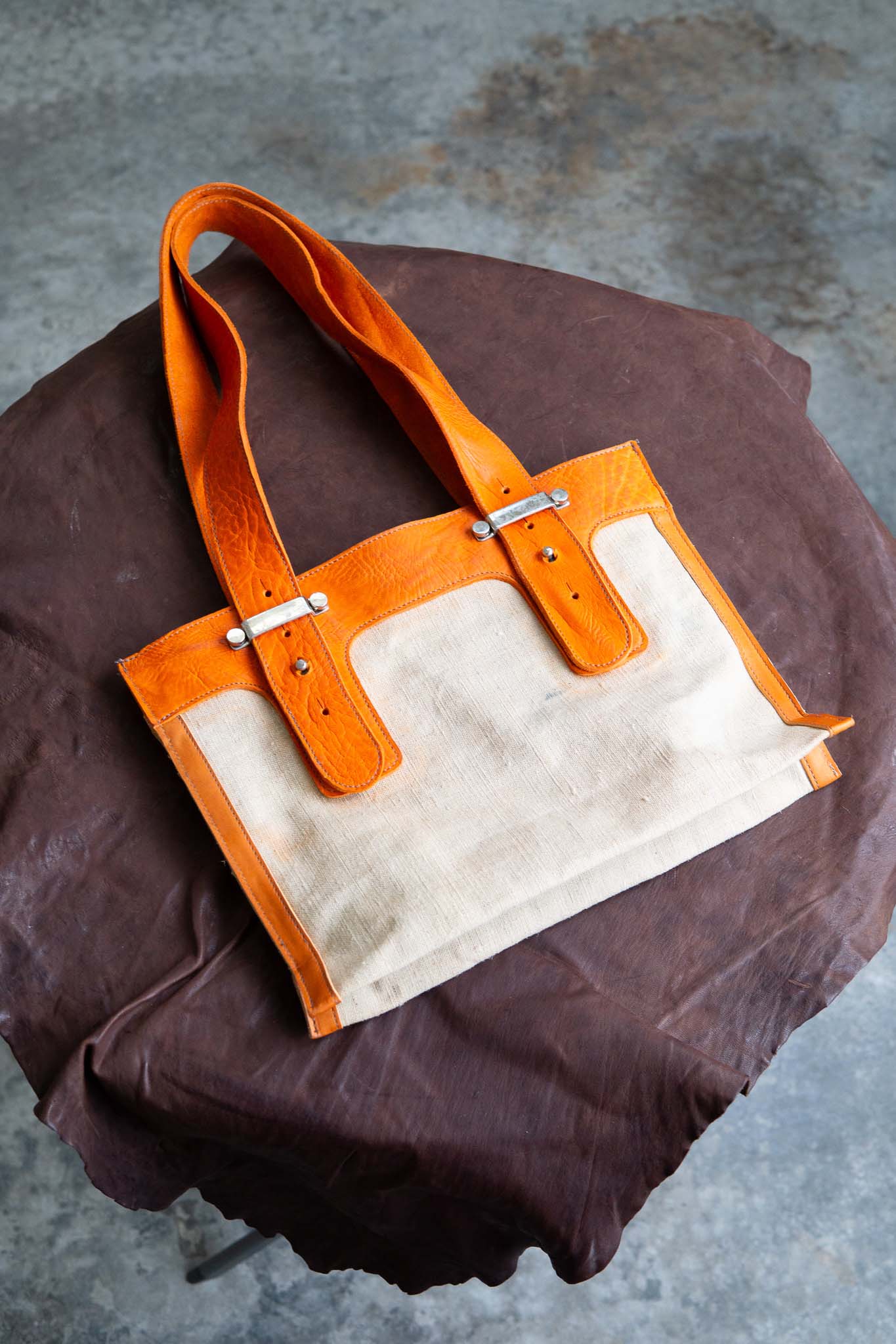 HORSE BUTT RG LEATHER + 1950's VINTAGE LINEN  BAG TOTE MM-6 SMALL ONLY WASHED