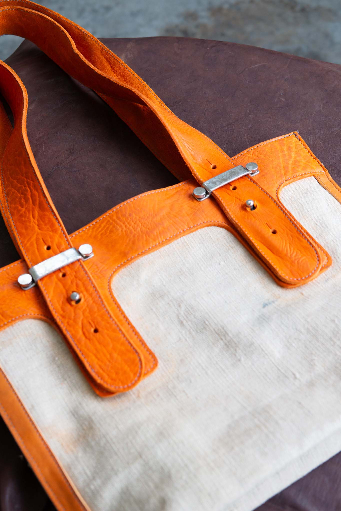 HORSE BUTT RG LEATHER + 1950's VINTAGE LINEN  BAG TOTE MM-6 SMALL ONLY WASHED