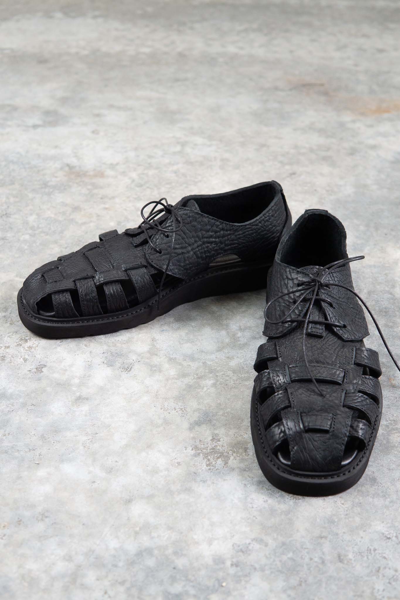HORSE BUTT RG LEATHER SANDALI SD-2 BLACK LOW CRAPE SOLES WASHED
