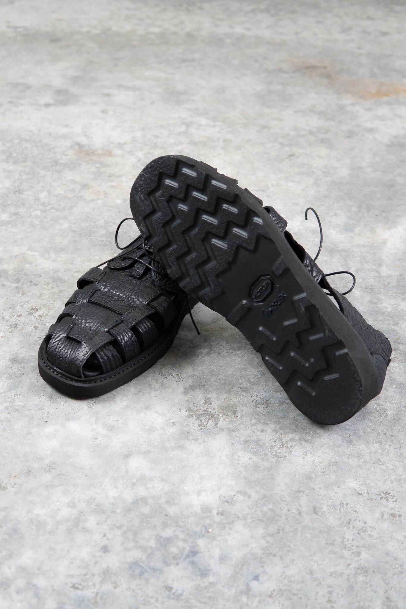HORSE BUTT RG LEATHER SANDALI SD-2 BLACK LOW CRAPE SOLES WASHED