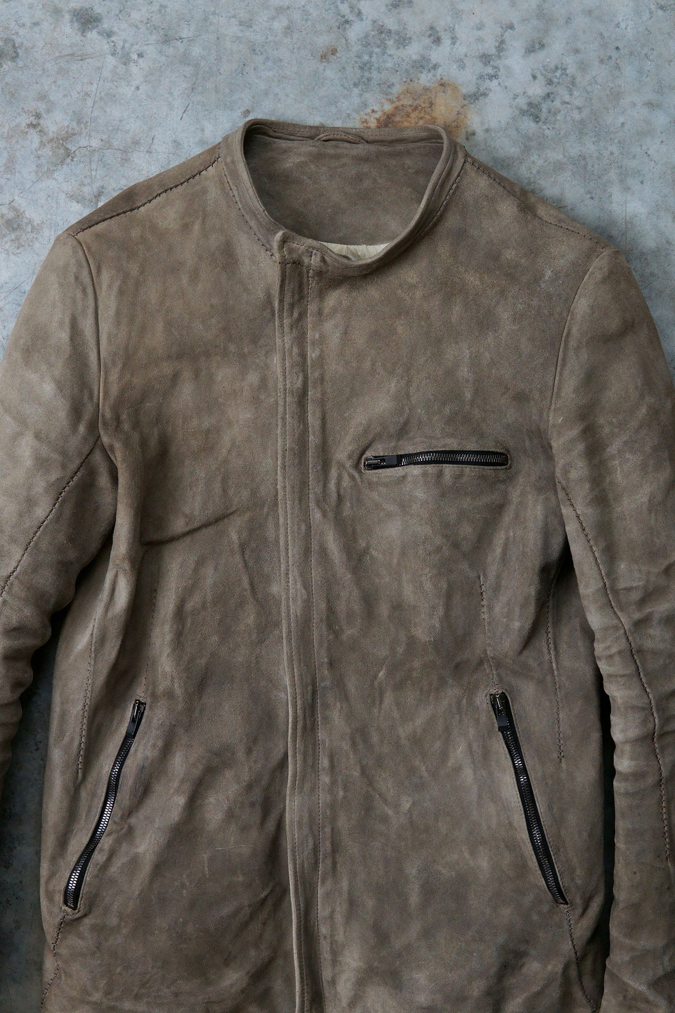 HORSE LEATHER STAND UP COLLAR JACKET WITH ONE PIECE SLEEVES